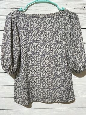 H&M Ivory Top with Navy Leaf Print and Puff Sleeves